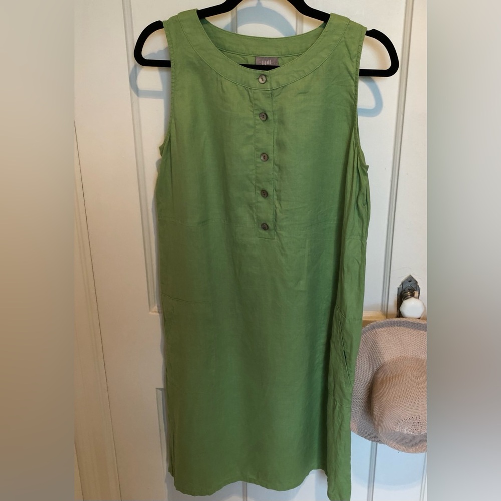 J. JILL LINEN LOVE SLEEVELESS SHIFT DRESS 🍃 Green 🥝 POCKETS! SHELL BUTTONS